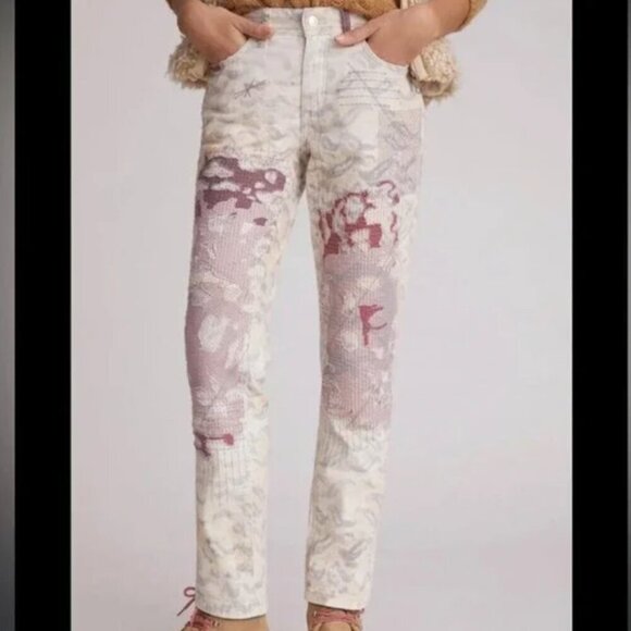 ANTHROPOLOGIE BY PILCRO The Boyfriend Slim Jeans In Cream Motif Patchwork 27 - Picture 1 of 14
